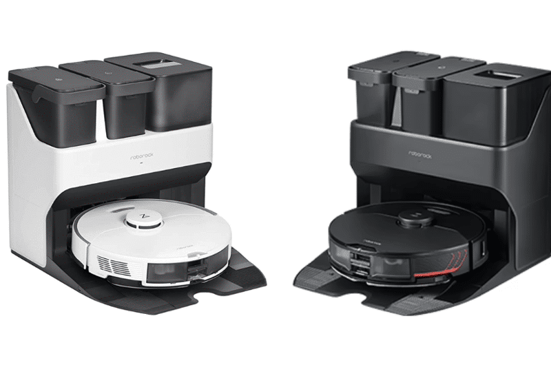 Белая ультрастанция Roborock S7 Pro рядом с черной ультрастанцией S7 MaxV